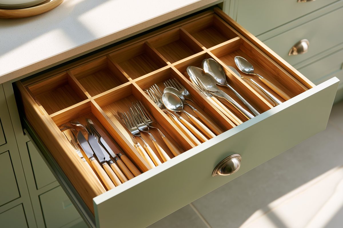 Bamboo drawer dividers organizing cutlery in a kitchen drawer