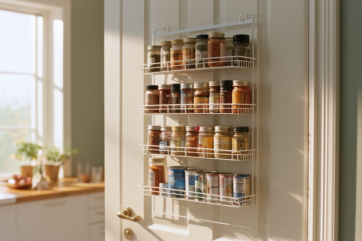 White wire over-the-door rack holding spice jars and cans on a pantry door