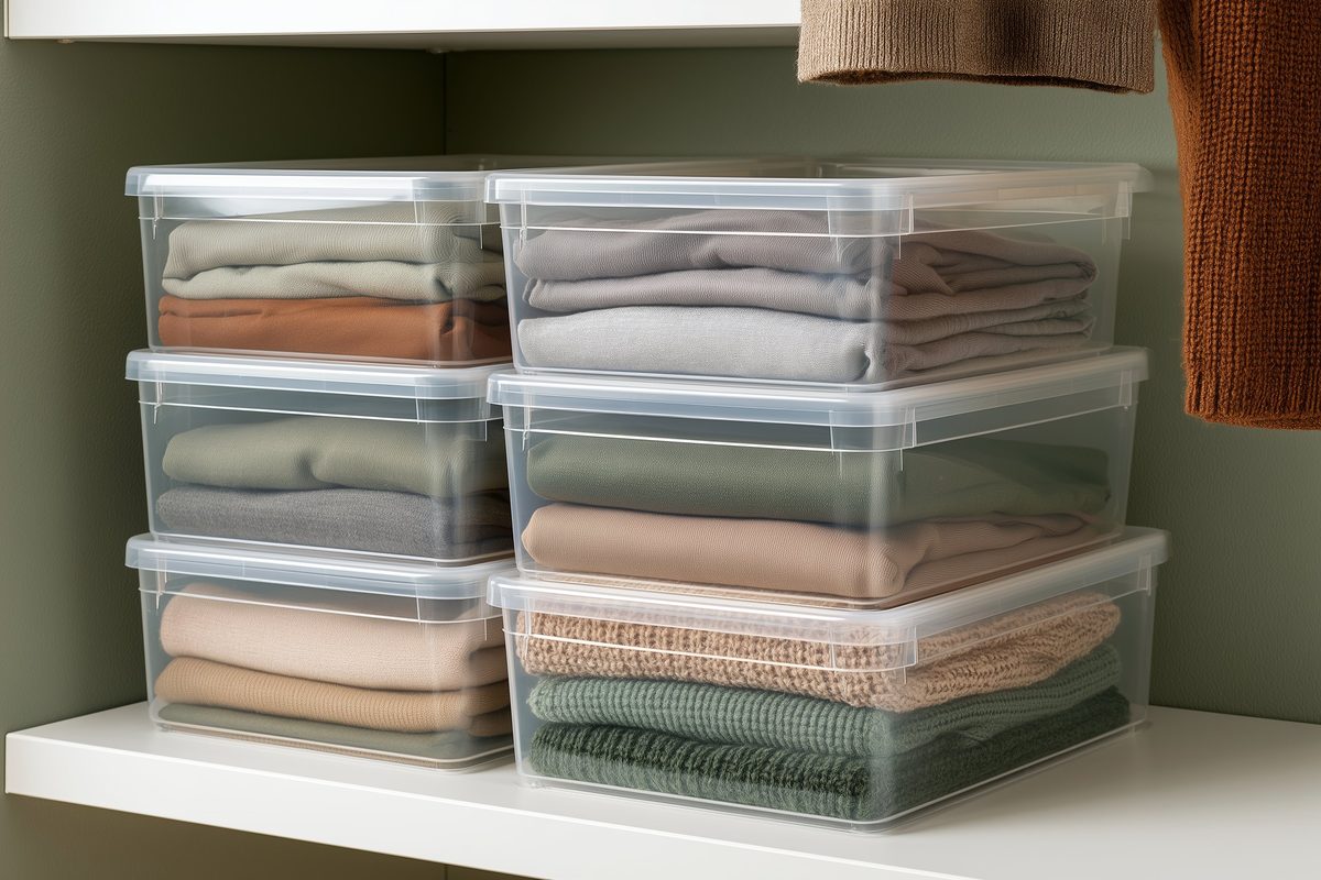 Stackable clear storage bins with folded clothes on a closet shelf