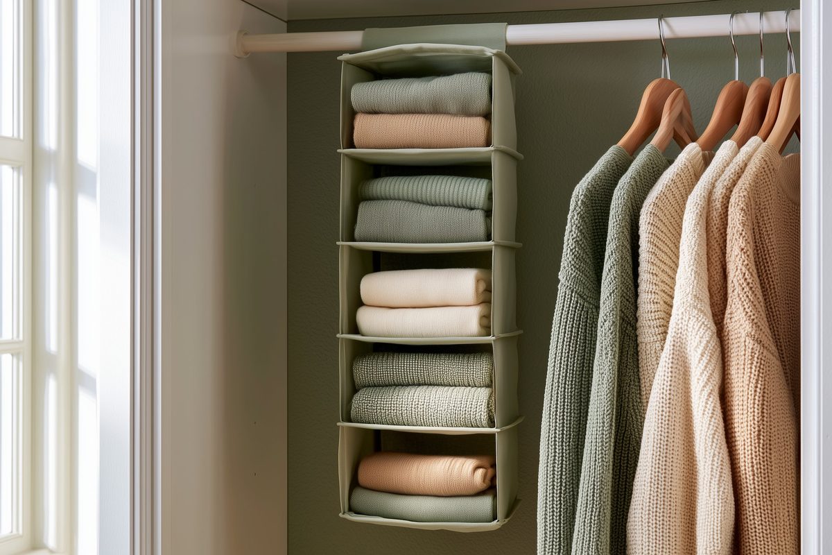 Fabric hanging closet organizer with cubbies holding folded knits