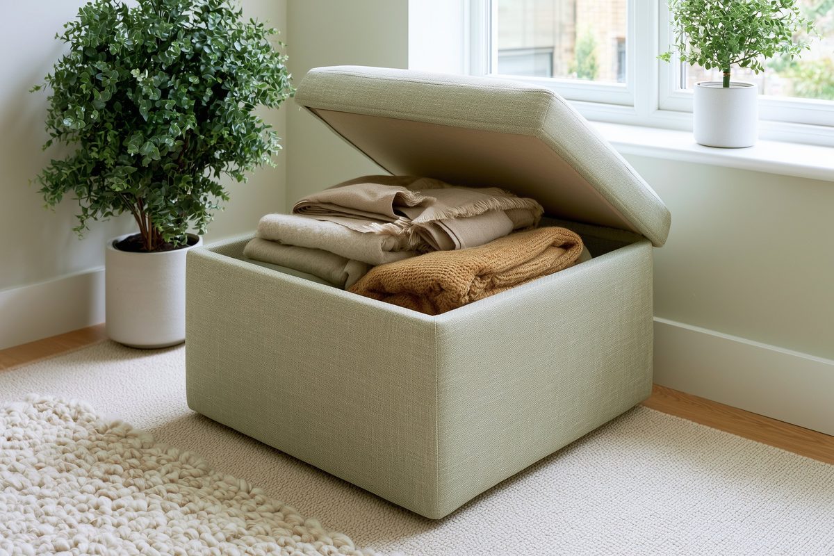 Sage storage ottoman with lid open revealing folded blankets inside