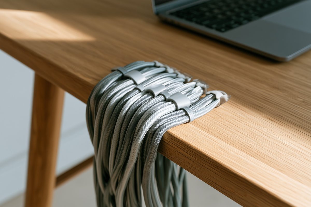 Desk cables neatly bundled with a cable management kit