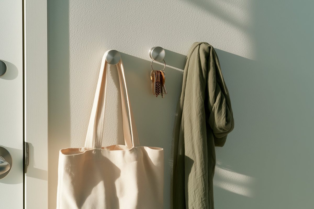 Adhesive wall hooks holding a tote bag, keys and scarf by an entryway