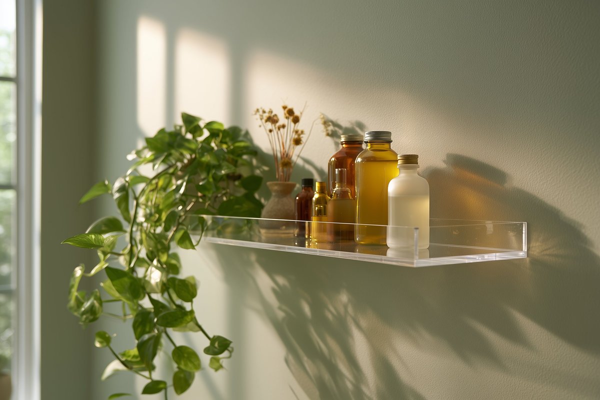 Clear acrylic adhesive floating shelf on a bathroom wall holding toiletries and a plant