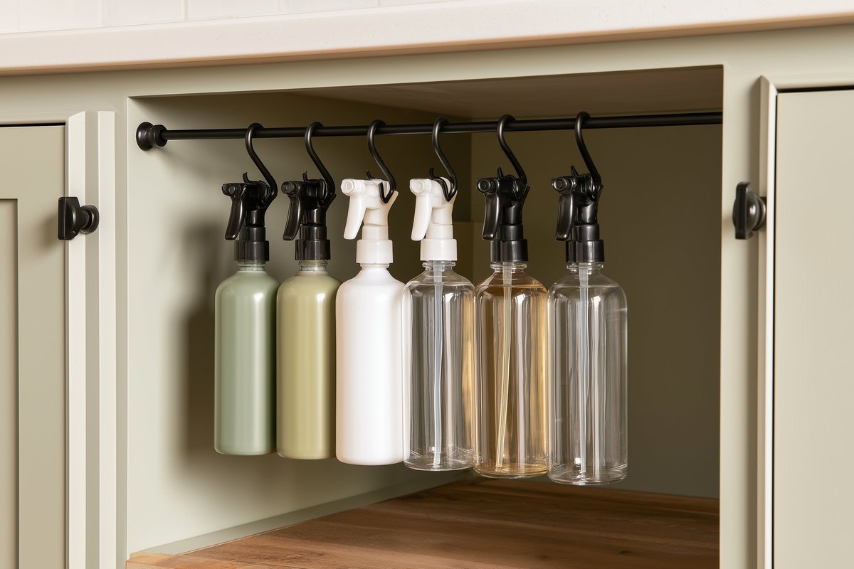 Black spring tension rod under a sink with spray bottles hanging from it