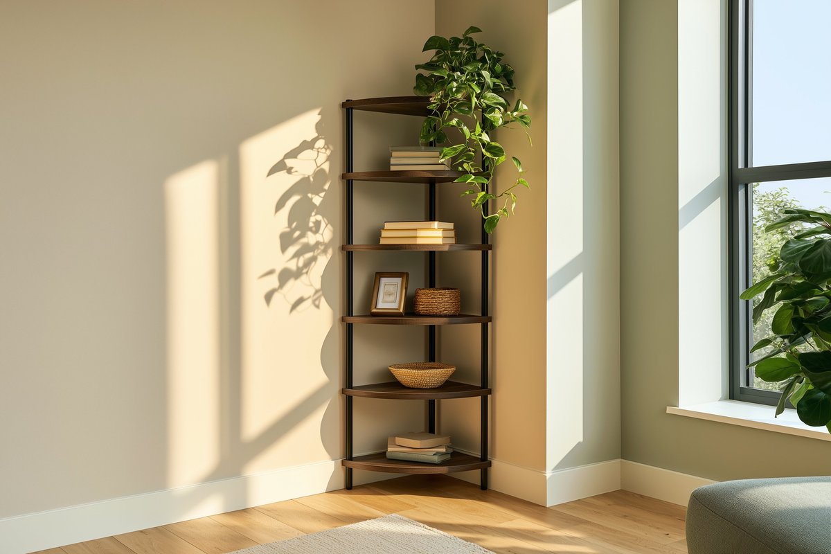 Freestanding corner shelf tucked into a bathroom corner holding towels and plants