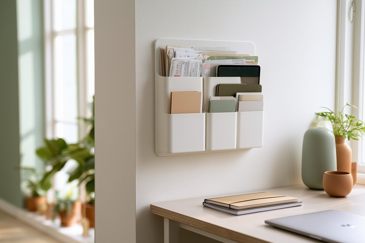 White adhesive wall-mounted file pocket organizer holding sorted mail and a tablet beside a tidy desk
