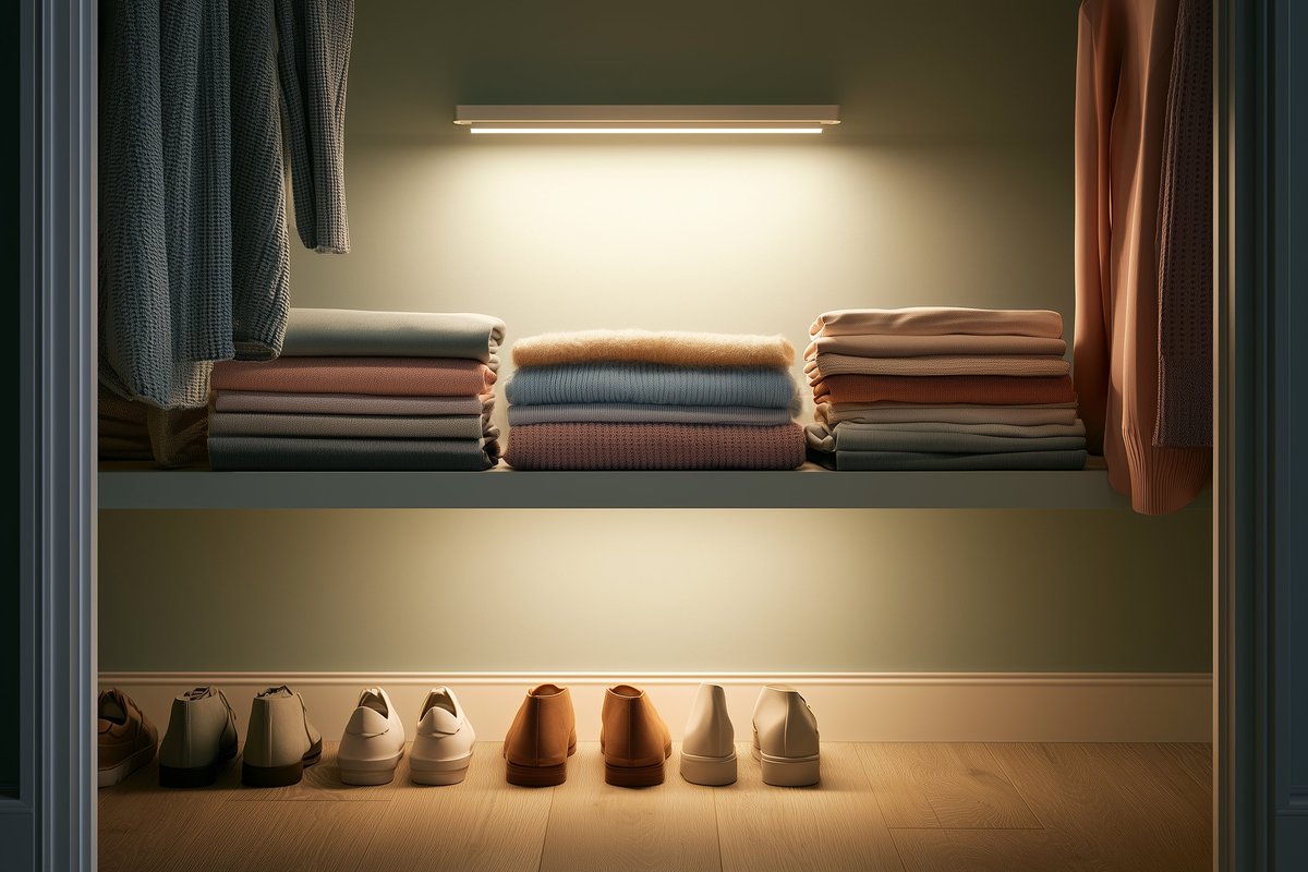 Rechargeable stick-on LED light bar giving warm light in a small bathroom