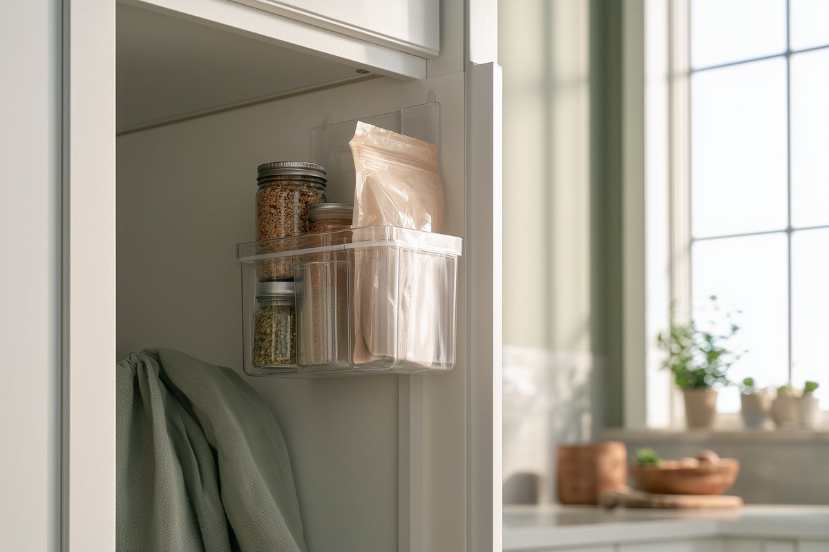 Clear adhesive storage caddy mounted on the inside of an open cabinet door