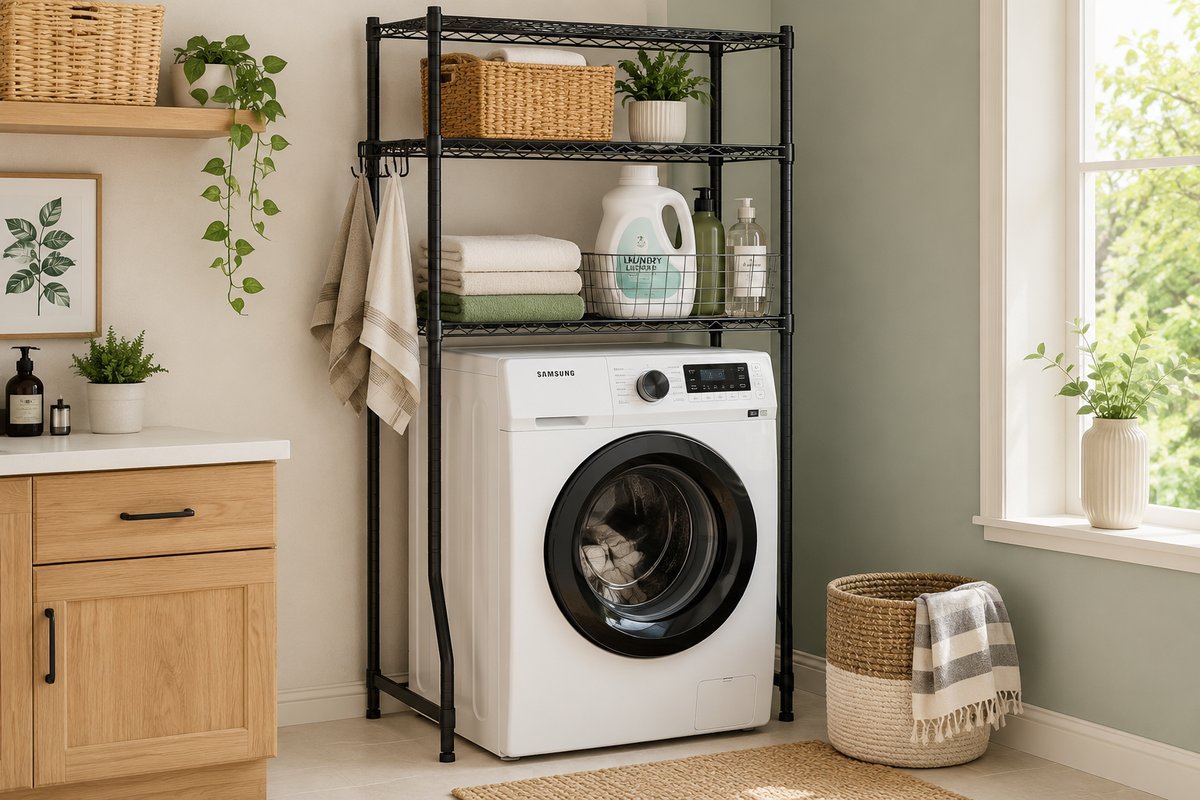Black wire freestanding shelf standing over a white washing machine holding towels, detergent and baskets
