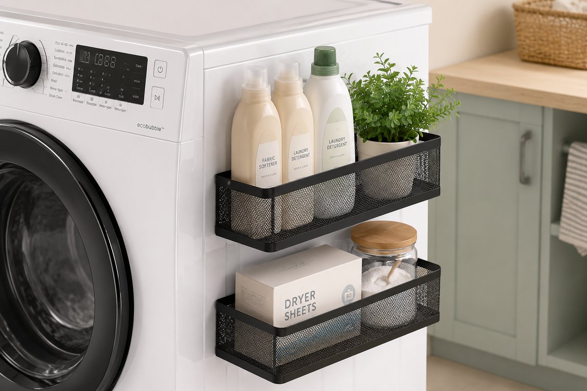 Two black magnetic mesh shelves on the side of a white washing machine holding detergent, dryer sheets and a plant