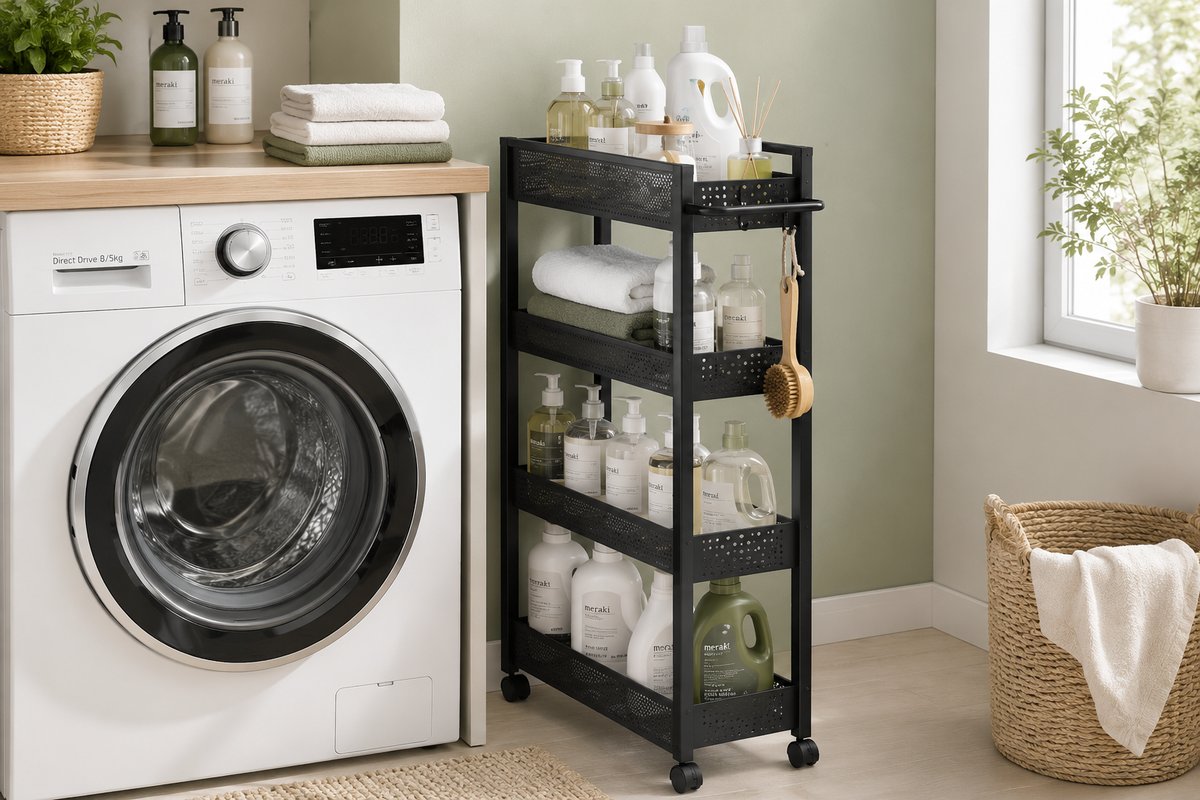 Slim black 4-tier rolling cart tucked beside a white washing machine holding laundry supplies and towels