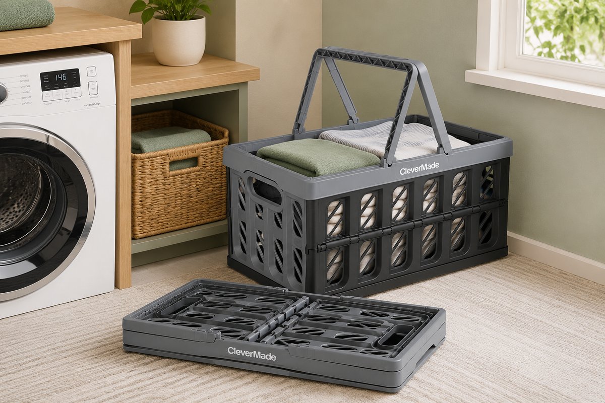 Collapsible laundry basket shown open holding folded laundry beside the same basket folded flat, next to a washing machine