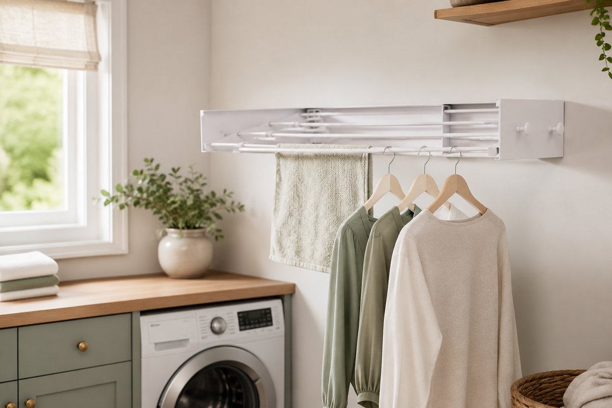 White fold-down wall-mounted drying rack extended from a laundry room wall holding hanging garments and a towel