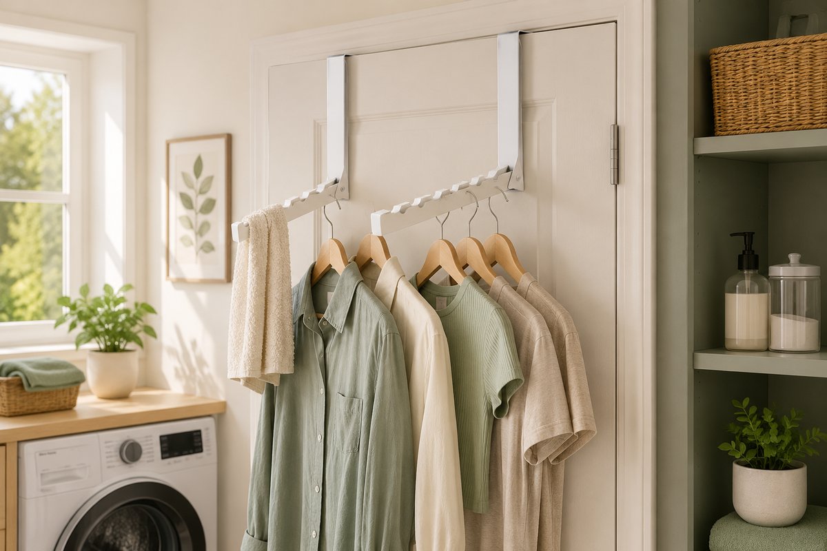 White over-the-door drying rack hooked over a door holding garments on hangers and a towel in a laundry room
