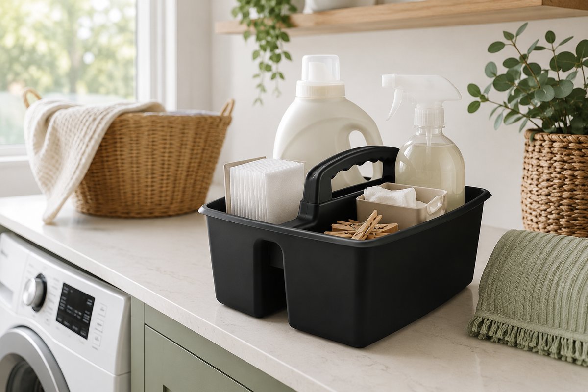 Black 2-compartment supply caddy with a handle holding detergent, spray bottle, dryer sheets and clothespins on a laundry counter