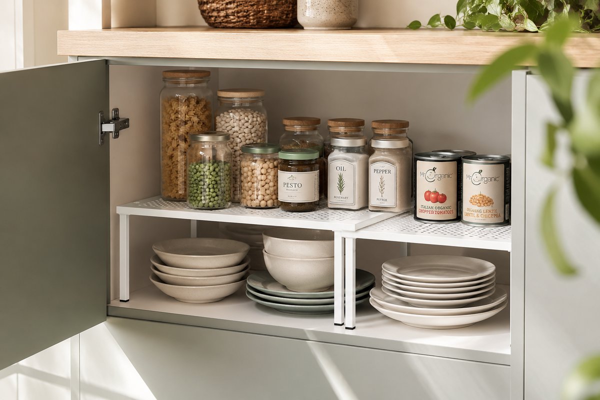 White expandable shelf riser inside a kitchen cabinet creating two levels, plates below and jars above