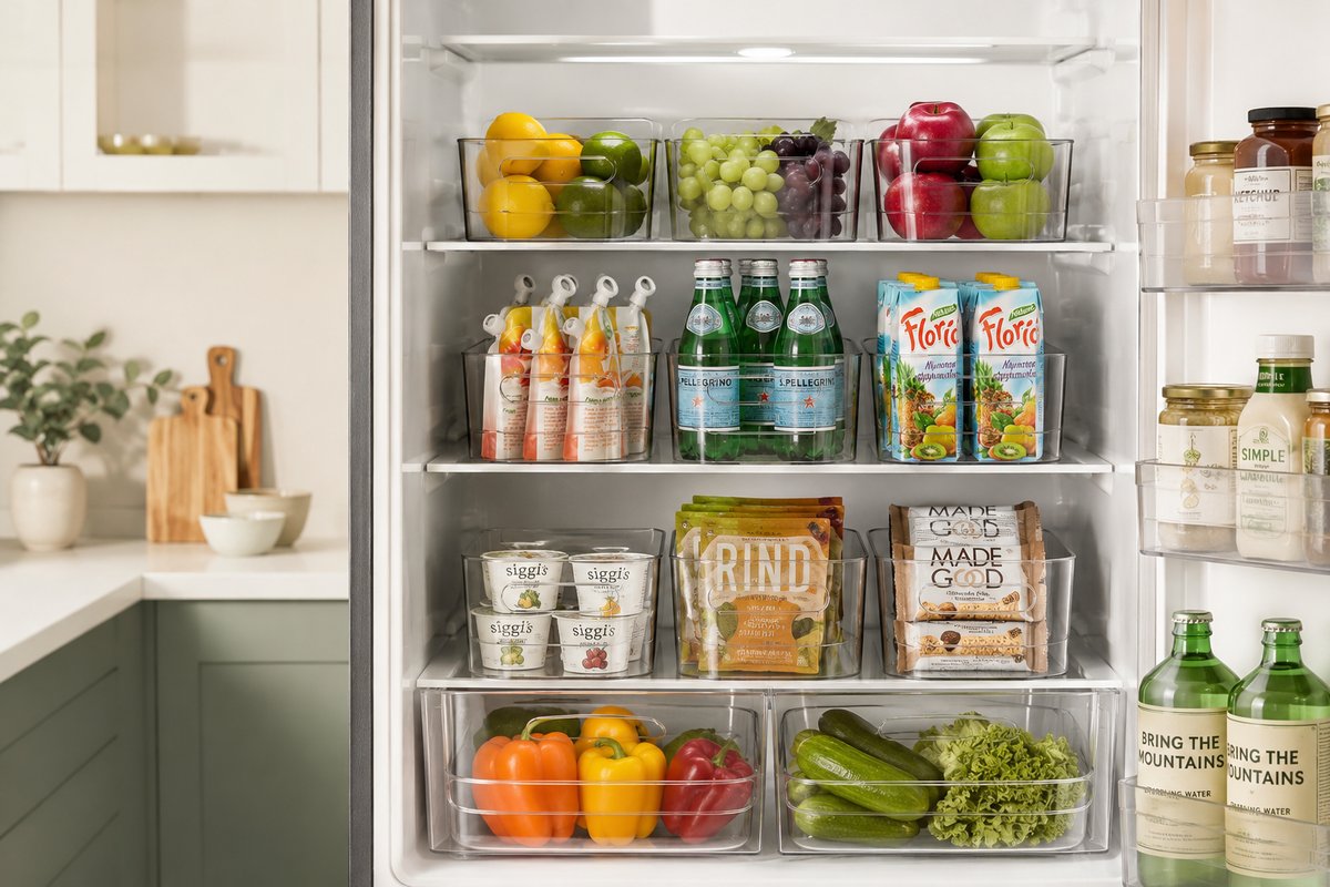 Clear stackable fridge organizer bins inside a refrigerator holding fruit, drinks, snacks and produce in tidy zones