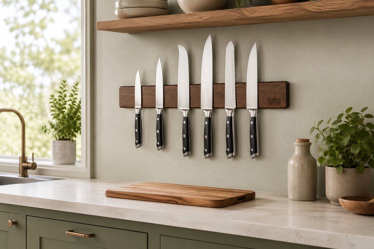 Acacia wood magnetic knife strip mounted on a kitchen wall holding a row of knives above a clear counter