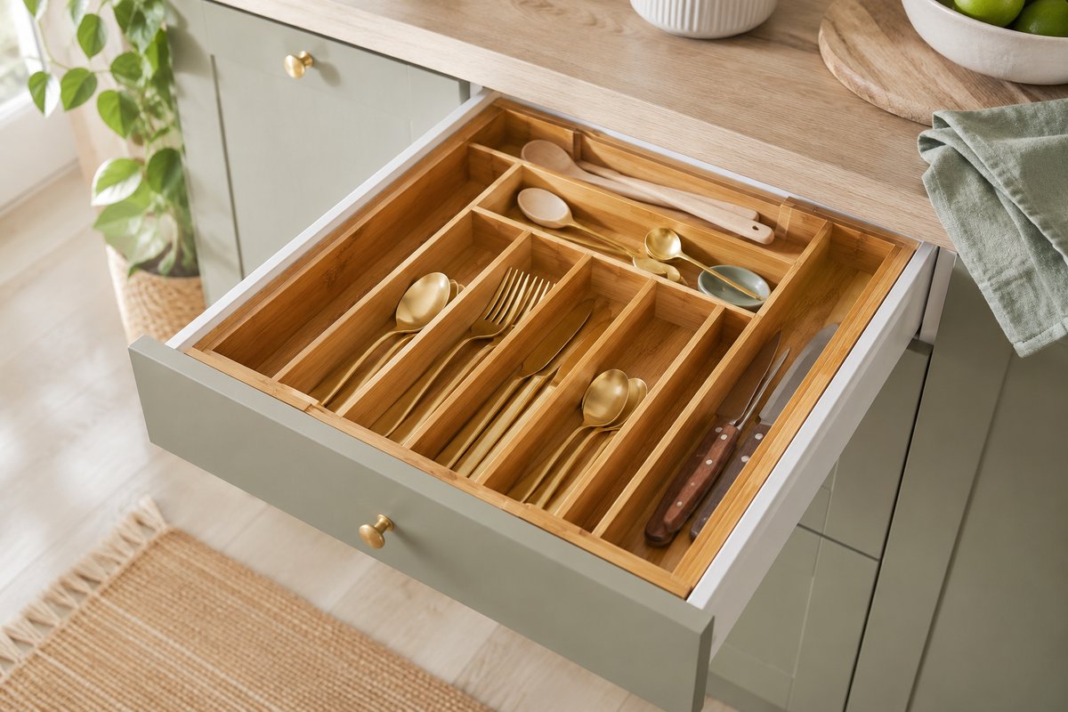 Expandable bamboo cutlery tray inside an open kitchen drawer with forks, knives and spoons sorted into compartments
