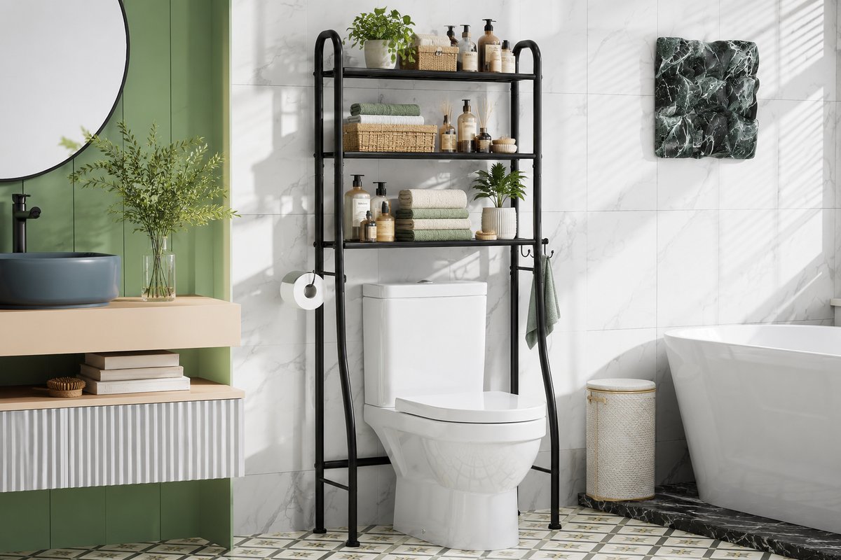 Black 3-tier over-the-toilet storage shelf holding towels, baskets, toiletries and plants in a bright bathroom