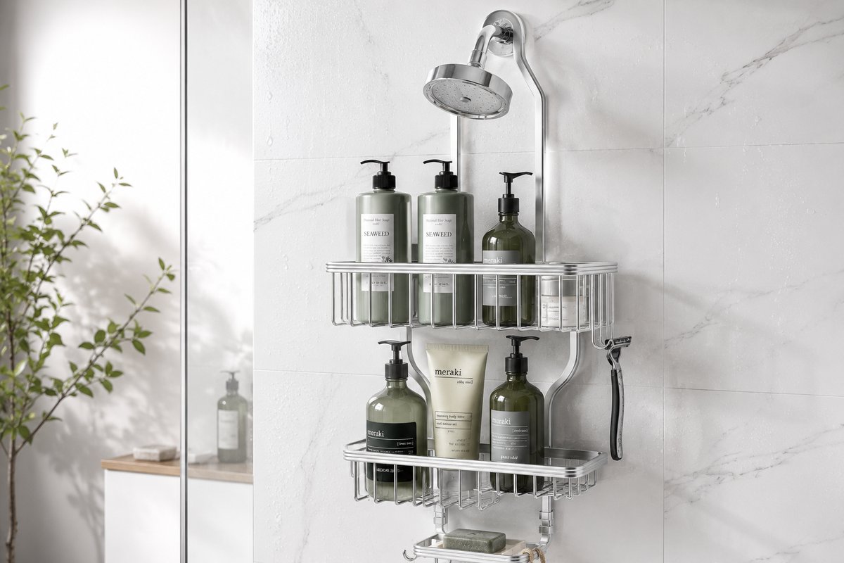 Silver aluminum hanging shower caddy over a chrome shower head holding bottles, soap and a razor