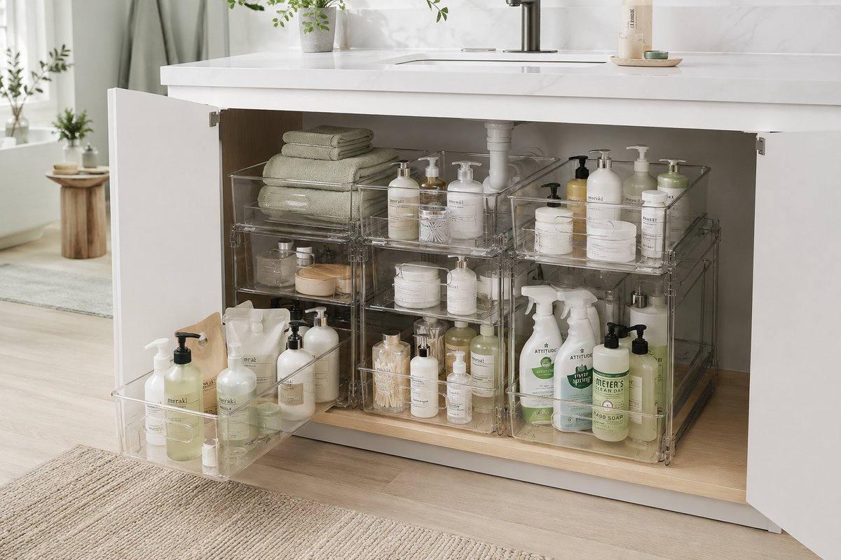 Clear pull-out drawer organizers under a bathroom sink with drawers slid open showing organized toiletries