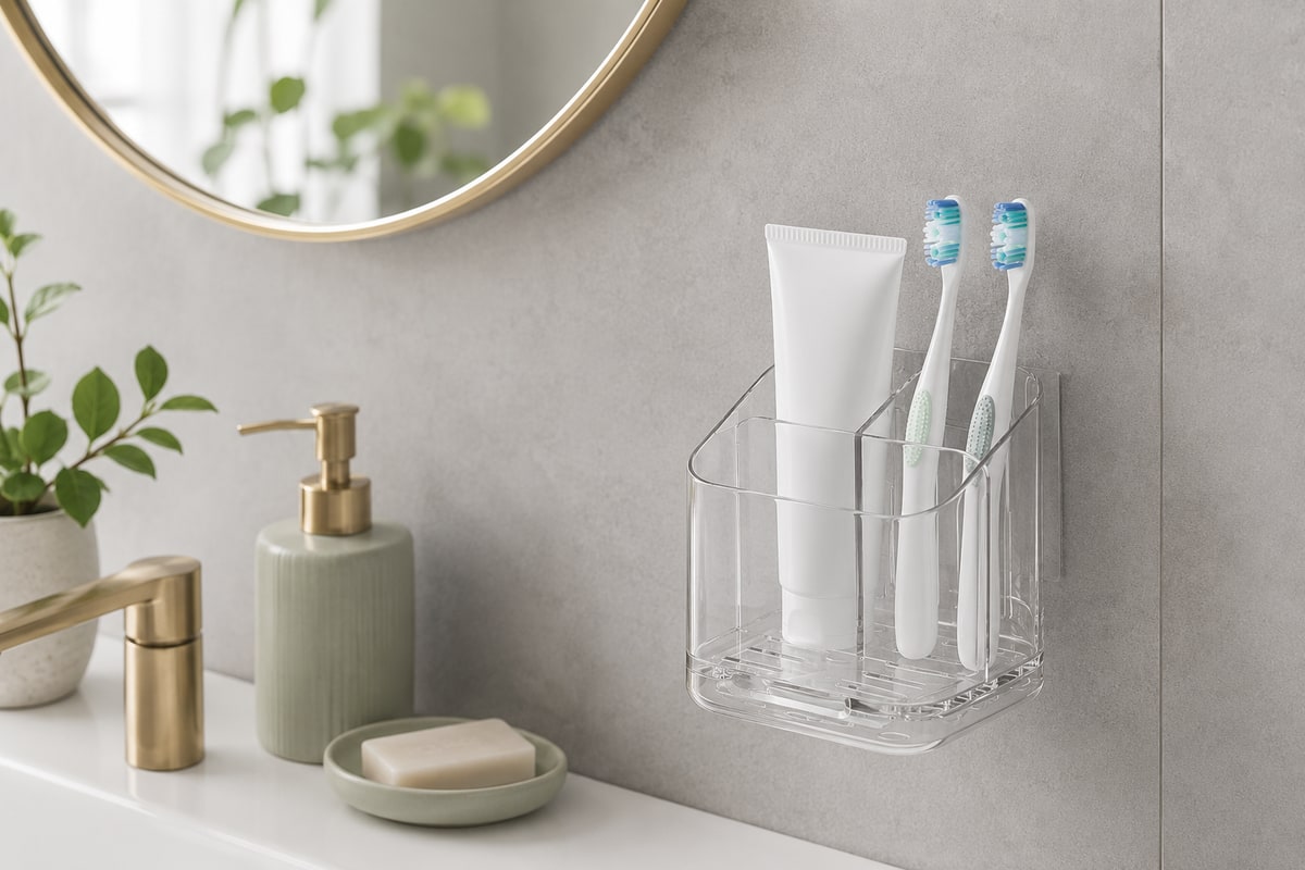 Clear adhesive toothbrush holder mounted on a bathroom wall holding a toothpaste tube and two toothbrushes beside a tidy vanity